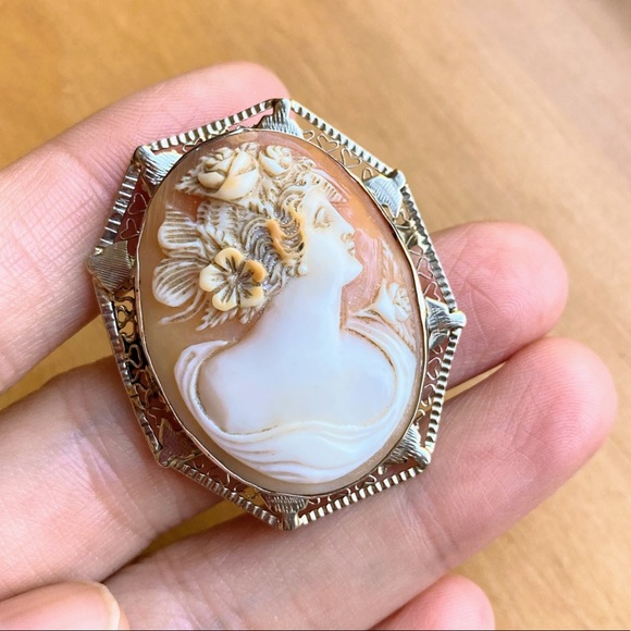 *HP* Antique Victorian 14k white gold filigree cameo hand carved brooch pendant - Picture 7 of 15